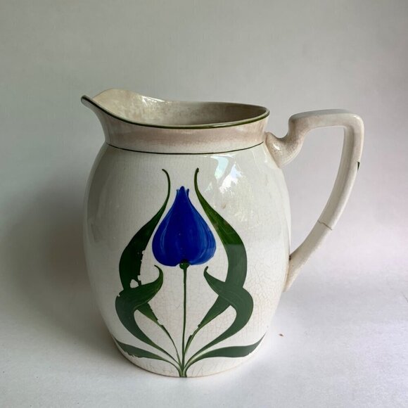 Vintage Steubenville Hand Painted Blue Tulip Pitcher - Picture 1 of 6